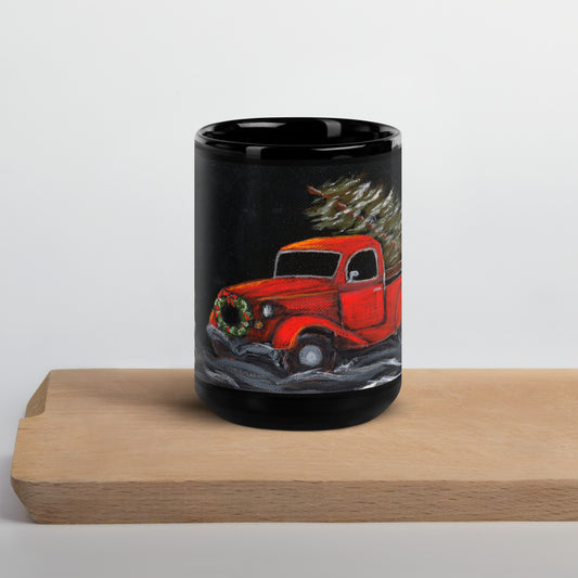 Red Truck Winter Black Mug